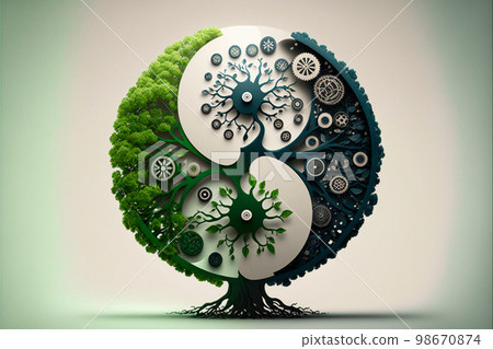 Black and green Yin and Yang logo made with wood elements. Green world concept 98670874