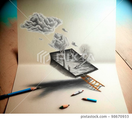 beautiful 3d sketch with colored elements. The drawing goes off the paper 98670933