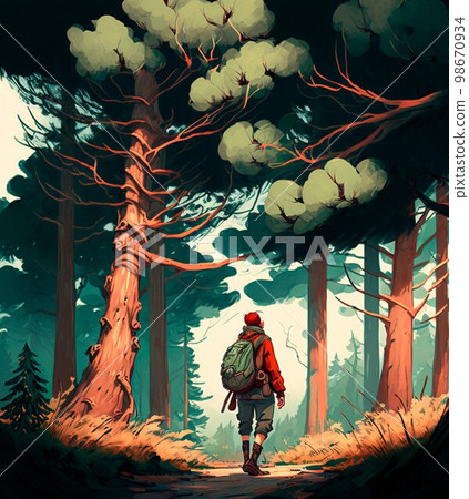 Illustration of a traveler walking in the forest Illustration of a traveler walking in the forest 98670934