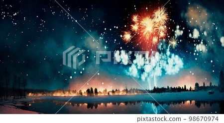 Bright night sky with fireworks 98670974