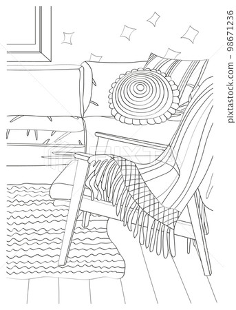 Room interior. Vector antistress coloring book in sketch style. Room interior. Vector antistress coloring book in sketch style. 98671236