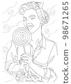The girl is holding a large lollipop in her hands. Antistress coloring. Vector black and white illustration. 98671265