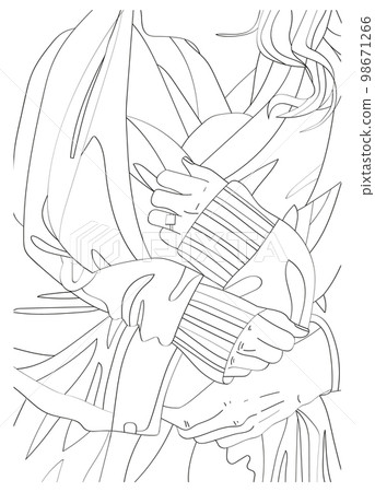 Female and male hands. Antistress coloring. Vector black and white illustration Female and male hands. Antistress coloring. Vector black and white illustration 98671266