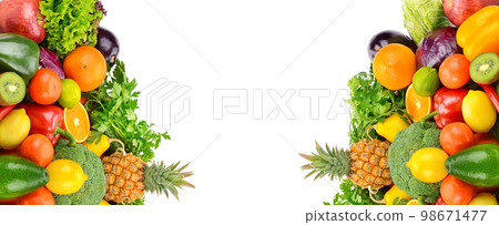 Set of vegetables and fruits isolated on white .Wide photo. Collage. Free space for text. 98671477