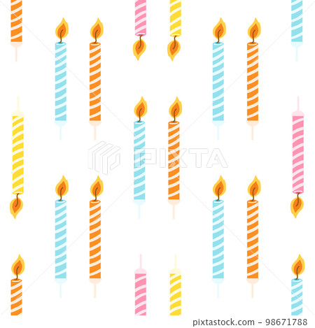 Seamless pattern with colorful birthday candles with burning flame. Vector texture for wrapping paper, fabric print, kids textile, cover, card design 98671788