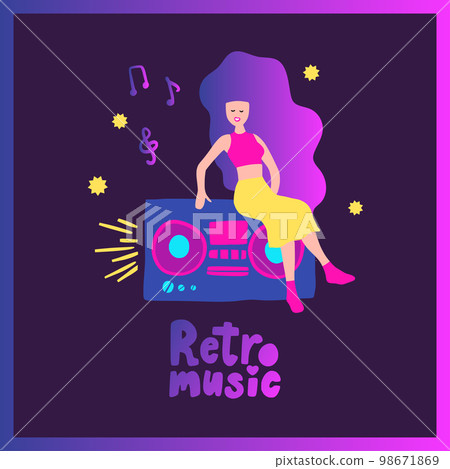 Funky girl music beautiful vector background. Colorful hipster young woman tape recorder Funky girl music beautiful vector background. Colorful hipster young woman tape recorder 98671869