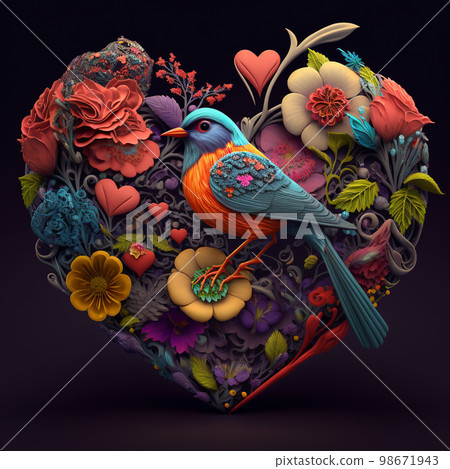 Floral romantic heart, birds and flowers. Valentines love illustration on dark background. Floral romantic heart, birds and flowers. Valentines love illustration on dark background. 98671943