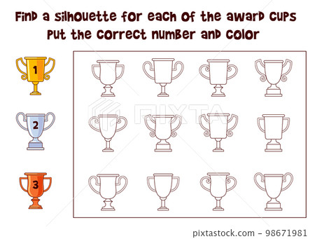 Find a silhouette for each of the award cups. Find the correct shadow. Find 2 same objects 98671981