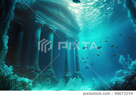 Fantasy underwater seascape with majestic architecture elements and stone ruins. Temple in ancient city, lost civilization. Generative AI Fantasy underwater seascape with majestic architecture elements and stone ruins. Temple in ancient city, lost civilization. Generative AI 98673254