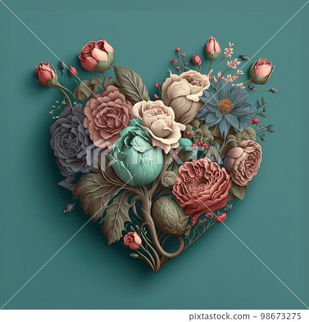 Floral botanical heart made of roses, leaves and plants on green background. Spring, summer, love nature concept 98673275