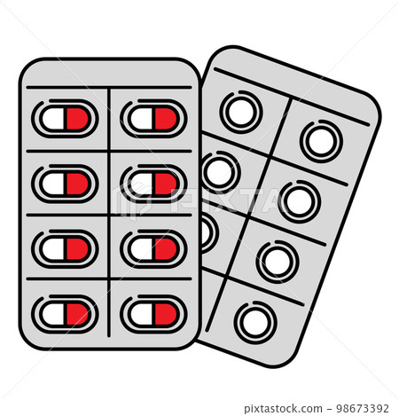 A sheet of simple capsules and tablets (line drawing) A sheet of simple capsules and tablets (line drawing) 98673392