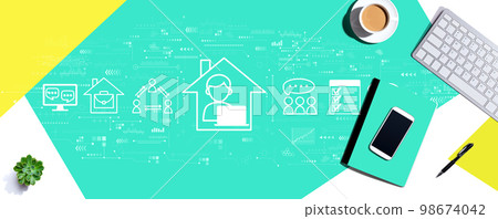 Remote Work theme with computer keyboard and office items Remote Work theme with computer keyboard and office items 98674042