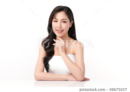 Beautiful young asian woman with clean fresh skin on white background, Face care, Facial treatment, Cosmetology, beauty and spa, Asian women portrait. Beautiful young asian woman with clean fresh skin on white background, Face care, Facial treatment, Cosmetology, beauty and spa, Asian women portrait. 98675037