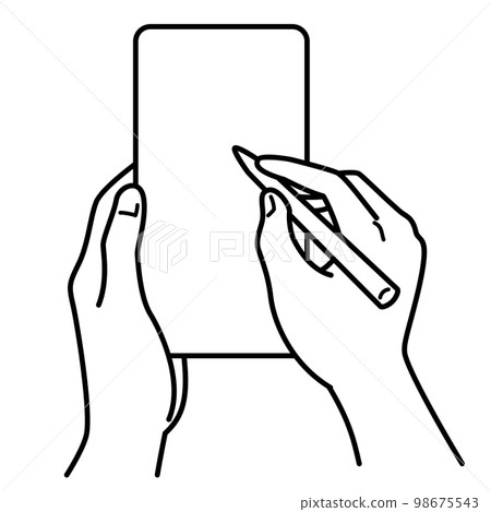Hand using smartphone stylus black and white Hand using smartphone stylus black and white 98675543