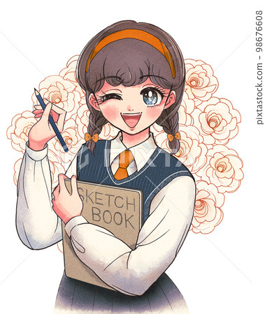 有復古少女漫畫和素描本的美術系學生 98676608