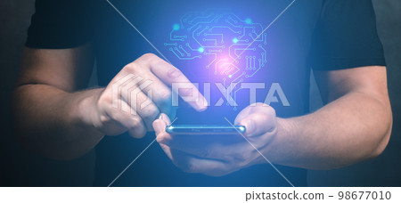 AI with Digital Brain is learning processing big data, analysis information. Technology background concept. man using cellphone with Artificial Intelligence brain on virtual screen AI with Digital Brain is learning processing big data, analysis information. Technology background concept. man using cellphone with Artificial Intelligence brain on virtual screen 98677010
