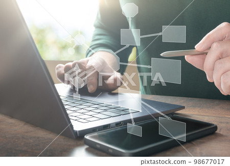 businessman using laptop develops an interaction algorithm in his company. algorithm, business scheme. Project Manager Researching Process. Innovation Graphs Interfaces. businessman using laptop develops an interaction algorithm in his company. algorithm, business scheme. Project Manager Researching Process. Innovation Graphs Interfaces. 98677017