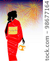 Silhouette of a woman in a kimono and fireworks 98677164