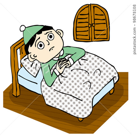 A person who puts on a night cap in pajamas and enters the bed with an uneasy face A person who puts on a night cap in pajamas and enters the bed with an uneasy face 98678108