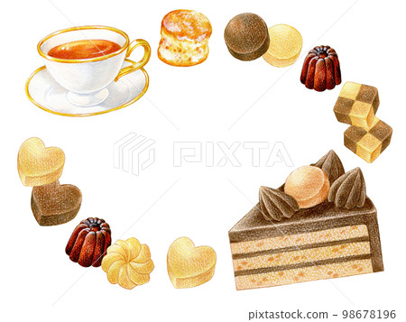蛋糕、茶和糖果的彩色鉛筆劃橢圓形框架 蛋糕、茶和糖果的彩色鉛筆劃橢圓形框架 98678196