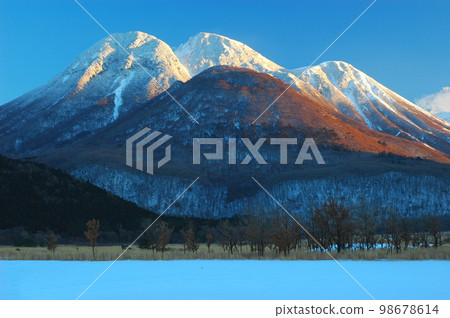 Mt.Mitsumata and snow fields in winter (Kuju mountain range) 98678614