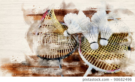 Artificial drawing of broken badminton rackets and white badminton shuttle cocks on brown wooden background Artificial drawing of broken badminton rackets and white badminton shuttle cocks on brown wooden background 98682496