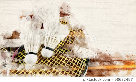 Artificial drawing of broken badminton rackets and white badminton shuttle cocks on brown wooden background Artificial drawing of broken badminton rackets and white badminton shuttle cocks on brown wooden background 98682497