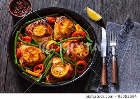 honey mustard lemon chicken thighs with veggies 98682684