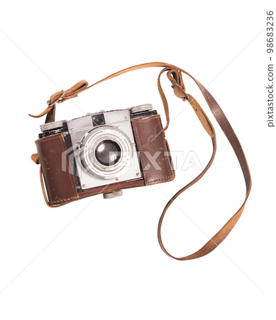 Vintage photographic machine with brown leather case and shoulder strap 98683236