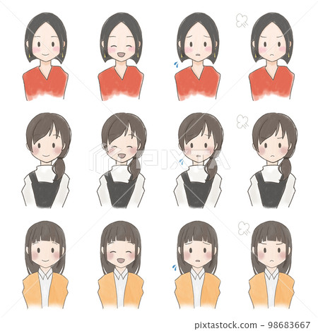 人們手繪風格各種女性的面部表情集 98683667