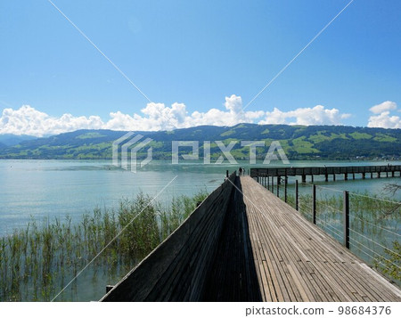 Rappersville, Switzerland Walking on a wooden bridge on the pilgrimage route 98684376