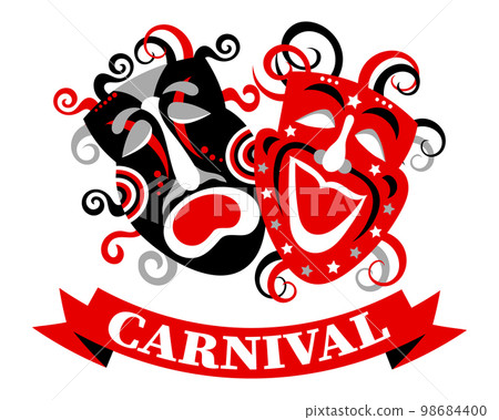 Colorful carnival masks and greeting text Carnival. Red and black design. Banner, poster, vector 98684400