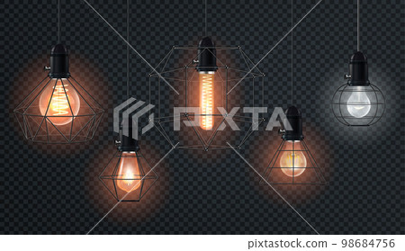 Realistic retro light bulbs set. Decorative vintage design edison lightbulbs of different shapes. Lamps in antique style with copper Realistic retro light bulbs set. Decorative vintage design edison lightbulbs of different shapes. Lamps in antique style with copper 98684756