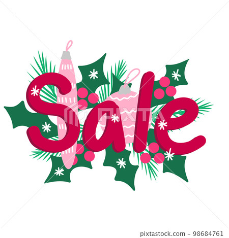 Hand drawn illustration of christmas winter sale business discount sign, ornaments holly snowflakes. Commercial marketing advertising sticker in trendy style colors, decorative bckground drawing. 98684761