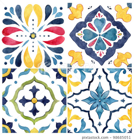 Watercolor Mediterranean tiles set of blue, red, green and yellow elements. Hand painted traditional illustration isolation on white background for design, print, fabric or background. 98685051