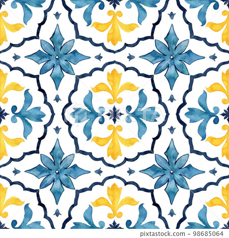 Watercolor seamless pattern consisting of yellow and blue Mediterranean tiles and elements. Hand painted traditional illustration isolation on white background for design, print, fabric or background. 98685064