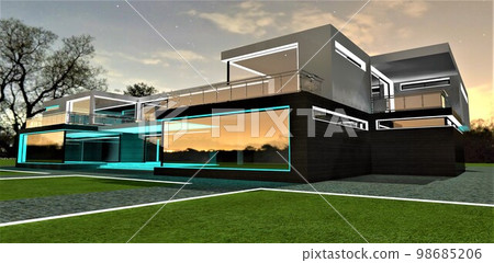 Exclusive illumination design of the newly built contemporary home facade and walkways at night. Reflection of the city lights in big mirrored windows. 3d rendering. 98685206