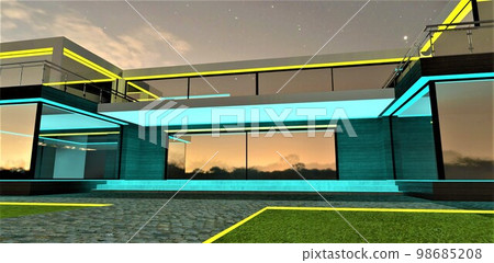 Low view of the stylish porch with stone long steps illuminated in turquoise. Granite pavement on the lawn. Amazing star in the night sky above. 3d rendering. Low view of the stylish porch with stone long steps illuminated in turquoise. Granite pavement on the lawn. Amazing star in the night sky above. 3d rendering. 98685208