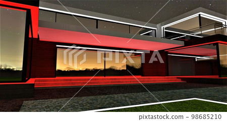 Luxury estate. Red light as a night illumination of the porch with long concrete steps a mirrored glass door reflecting night environment. 3d rendering. Luxury estate. Red light as a night illumination of the porch with long concrete steps a mirrored glass door reflecting night environment. 3d rendering. 98685210