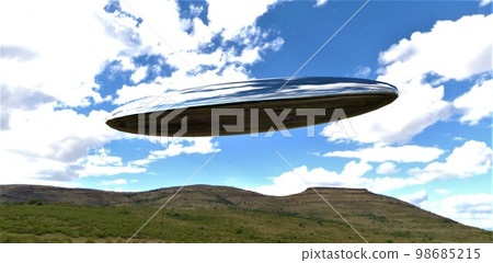 Snap of the UFO flying in the sky in the above the hilly landscape. Suitable illustration for the scientific magazines. 3d rendering. 98685215