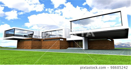 Futuristic design of the upscale estate with huge panoramic windows. Facade finished with wood and white plaster, Green lawn and blue sky. 3d rendering. 98685242