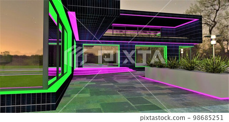 Awesome design of the upscale dwelling night illumination. Successful combination of green and purple colors. 3d rendering. 98685251