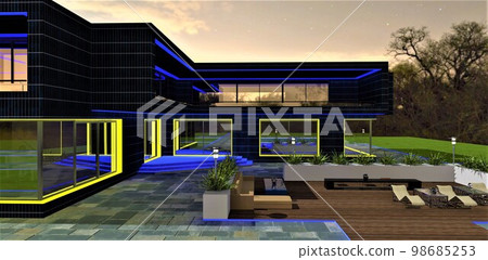 Combined yellow and blue illumination of the modern stylish dwelling at night. View of the porch and relax zone. 3d rendering. 98685253