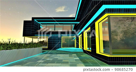 Exclusive design of the illuminated exterior of the contemporary suburban real estate. Turquoise and yellow colors. Amazing starry night sky. 3d rendering. Exclusive design of the illuminated exterior of the contemporary suburban real estate. Turquoise and yellow colors. Amazing starry night sky. 3d rendering. 98685270