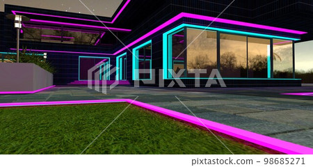 Exclusive illumination design of the upscale country house in the evening. Amazing banner for advertisement of investment in premium real estate. 3d rendering. 98685271
