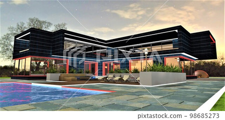 Futuristic concept of the suburban house with illumunated facade. Glowing pool surface. Stylish relax zone under the starry sky. 3d rendering. 98685273