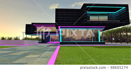 Glowing border of the concrete slab walkway to the entrance to the contemporary suburban building with illuminated facade in the evening. 3d rendering. 98685274