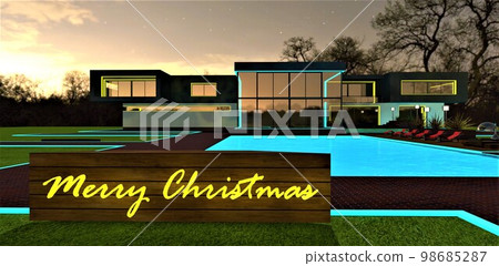 Glowing text Merry Christmas written in yellow on the board. Beautiful estate with illuminated facade and pool under the starry sky on the background. 3d rendering. 98685287