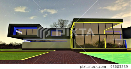 Illumination of the contemporary house with colours of Ukrainian flag at starry night. Glowing pool in front of the glass facade. 3d rendering. 98685289