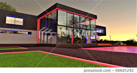 Up-scale villa with red blue night illumination under the starry sky. Good banner for the real estate investment advertisement. 3d rendering. Up-scale villa with red blue night illumination under the starry sky. Good banner for the real estate investment advertisement. 3d rendering. 98685292